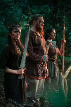 Brave vikings with weapons during battle