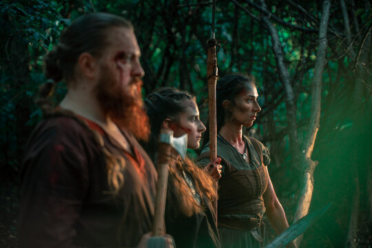 Brave vikings with weapons during battle