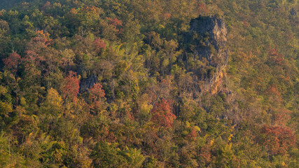 Colorful autumn forest landscape with limestone rock outcrop in scenic mountain valley, Chiang Dao, Chiang Mai, Thailand