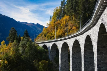 Papier Peint photo Viaduc de Landwasser Pont ferroviaire dans la nature à proximité du viaduc de Landwasser Landwasserviadukt, Grisons, Suisse.