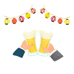 ビールで乾杯する人の手描きイラスト（屋外）