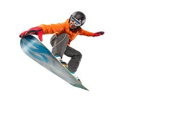 Snowboarder jumping through air with isolated background. Winter Sport background. - obrazy, fototapety, plakaty