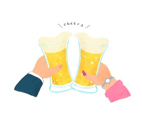 ビールで乾杯する男女の手描きイラスト