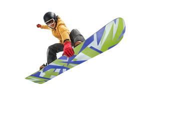Fototapeta Snowboarder jumping through air with isolated background. Winter Sport background. obraz