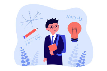 Funny intelligent schoolboy with glasses and math equations. Genius boy studying in school flat vector illustration. Mathematics, study, science concept for banner, website design or landing web page