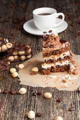 Fototapeta premium a piece of chocolate cake with cottage cheese filling