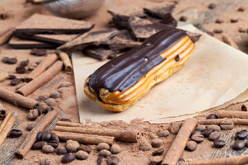 chocolate-covered custard eclair with creamy chocolate cream
