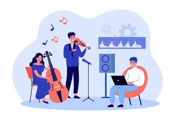 Musicians recording music with professional equipment. People playing violin and cello flat vector illustration. Audio record, production concept for banner, website design or landing web page © Bro Vector