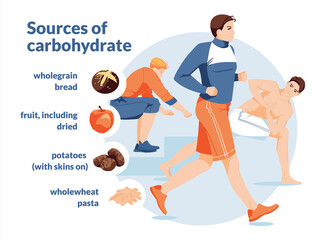Food as an energy resource for active sports. Infographic. Typography. Different men are engaged in active sports on a white background. Food icons. flat vector illustration