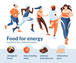 running sports and eating for energy. Infographics. A group of different women running on a white background. Diet food icons. Flat vector illustration