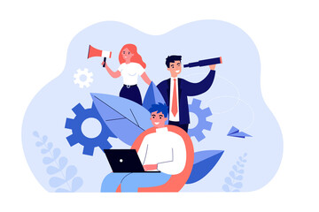 Naklejka na ściany i meble Recruit search by team of managers with megaphone and telescope. Male candidate working with laptop flat vector illustration. Employment, vacancy concept for banner, website design or landing web page