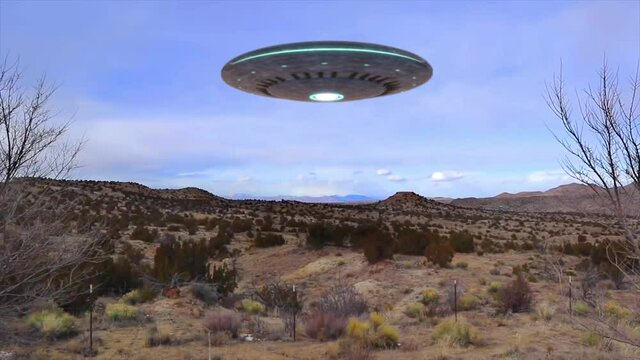 High quality CGI scene of a UFO flying saucer zipping super-fast around the New Mexico desert, before hurtling off into the distance at great speed