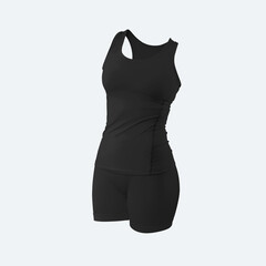 Mockup of black women's sportswear, tank top, shorts, 3D rendering, isolated on background, side view