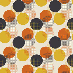 Geometric circle dot seamless pattern vector illustration in retro 60s style. Vintage 1970s ball shapes abstract motif in hot orange and yellow colors for carpet, wrapping paper, fabric, background.. - 478272592