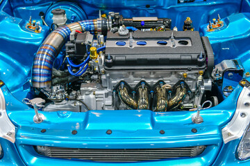 Details of blue car engine. Modification of the turbo engine