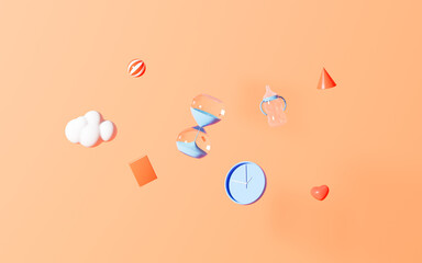 Sand clock and book flying in the air, 3d rendering.