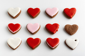 Background from many hearts shaped gingerbread. Valentines Day, white background. Mothers day.