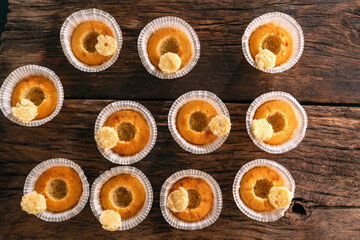 Preparation of vanilla mousting for filling. Process of making muffins. Top view.