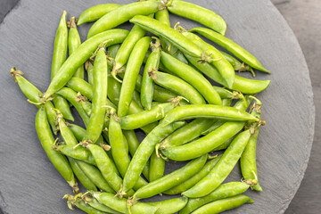 Close up photo ripe pods of green peas. Top view. Fresh green peas on a black round plate. Legumes. Fresh vegetable.