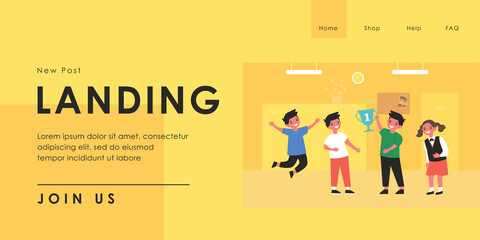 Happy pupils holding golden cup for first place in competition. Boys and girl rejoicing over victory flat vector illustration. Celebration, winner, achievement, trophy concept