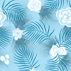 Seamless pattern vector blooming shocking white blue floral botanical in many kind of plants design for fashion, fabric, wallpaper, and all print on light retro blue background. Summer. interior decor