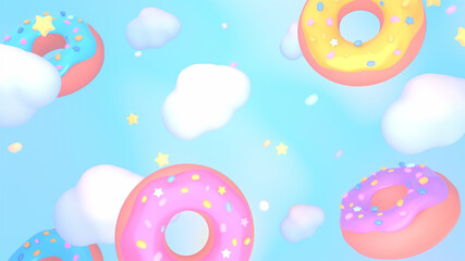 3d rendered cartoon donuts falling in the blue sky.