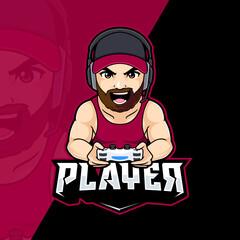 Muscular bearded man gamer mascot character for gaming esport logo designs © tkzgraphic