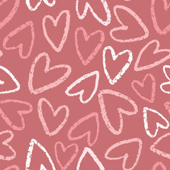Heart pattern background. Cute vector seamless repeat pattern design of pink hand drawn textured love hearts. Cute Valentine design resource.