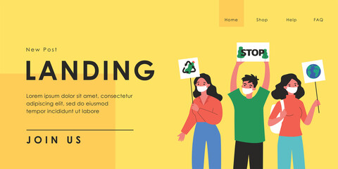 Ecology activists with placards and banners. Characters in masks asking to stop deforestation, recycle plastic bottles flat vector illustration. Environment, ecology concept for banner, website design