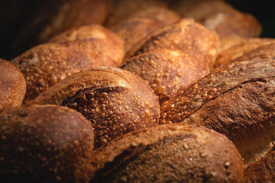 Freshly Baked Loaves Of Crispy Artisan Bread Close Up