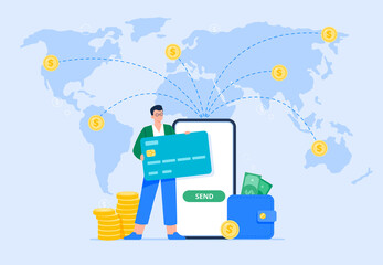 International money transfer and safe transactions. A male user sends money to different locations abroad using a mobile banking app. Easy banking, payments concept. Vector flat illustration. - obrazy, fototapety, plakaty