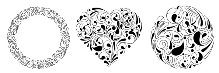 Set of vector shapes of circle, heart and frame with abstract shapes, drops, circles. Doodle style. Stylish monochrome illustration for design of cards, wrapping paper, banners, posters. 