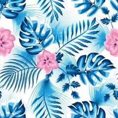 Hand drawn sweet colorful summer blooming flowers on pink florals background and Bright tropical monstera fern leaves texture in vector seamless pattern. Jungle print. Floral background. Exotic Summer © Dian Husaeni