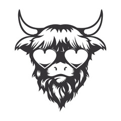Highland cow in love head design with heart sungless. Farm Animal. Cows logos or icons. vector illustration.