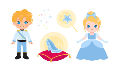 Cute Cinderella princess and prince fairy tale clipart. Flat vector cartoon design