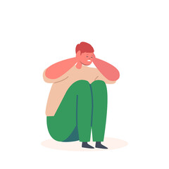 Little Child Sitting on Floor Covering Ears with Hands. Family Problems, Domestic Abuse, Bullying Concept, Anxious Boy