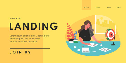Sad woman sitting at table and writing. Sheets of paper on desk, crumpled paper, anxious female character flat vector illustration. Creativity crisis, journalism concept for banner, website design