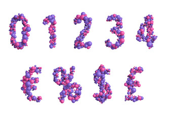 3d alphabet, set of numbers made of multicolored Little spheres, 3d rendering, Number One, two, three, four, zero, dollar, euro, symblos