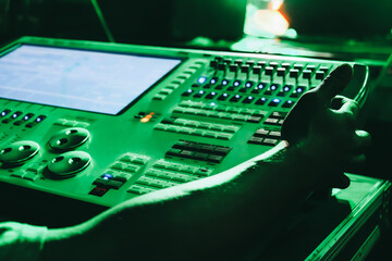 Closeup of an audio mixing control panel