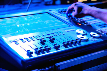 Closeup of an audio mixing control panel