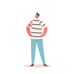Happy Little Boy Wear Striped T-shirt and Blue Trousers Stand with Arms Akimbo. Child Character Smiling. Happy Emotion