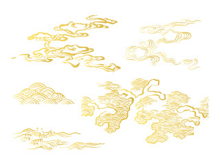 和風イラスト・毛筆のダイナミックな金色の波セット　青海波　海や水しぶき　和波コレクション　かすれ　線画