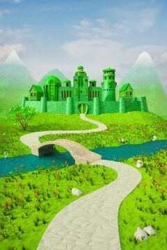 Way to Emerald Town with bridge across the river - 3d rendering