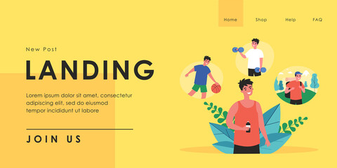 Sportsman holding bottle of water and thinking about sports. Man dreaming of playing volleyball, lifting dumbbells, going camping flat vector illustration. Fitness, healthy lifestyle concept