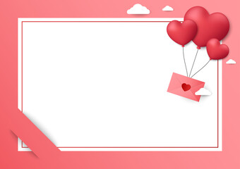 Valentine's frame. Valentine's day concept background. Vector illustration. 3d red and pink paper hearts with white square frame. Cute love sale banner or greeting card.