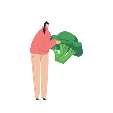 Happy Woman Eat Fresh Vegetables. Tiny Female Character Holding Huge Broccoli in Hands Isolated on White Background