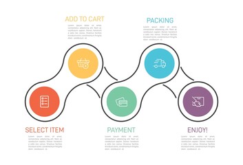 Concept of shopping process with 5 successive steps. Five colorful graphic elements. Timeline design for brochure, presentation, web site. Infographic design layout.