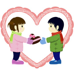 女の子が男の子にチョコレートを渡すイラスト