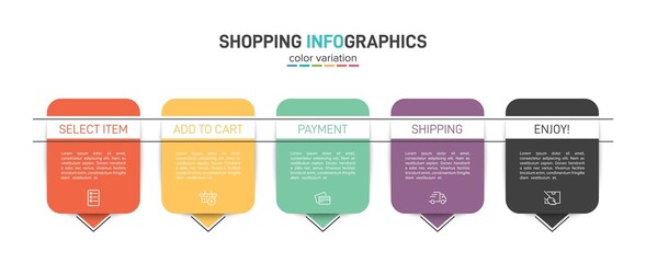 Concept of shopping process with 5 successive steps. Five colorful graphic elements. Timeline design for brochure, presentation, web site. Infographic design layout.