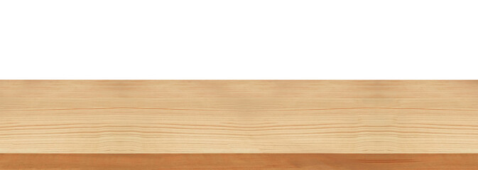 Long wooden empty table top, desk or counter. Isolated on white background. Including clipping path